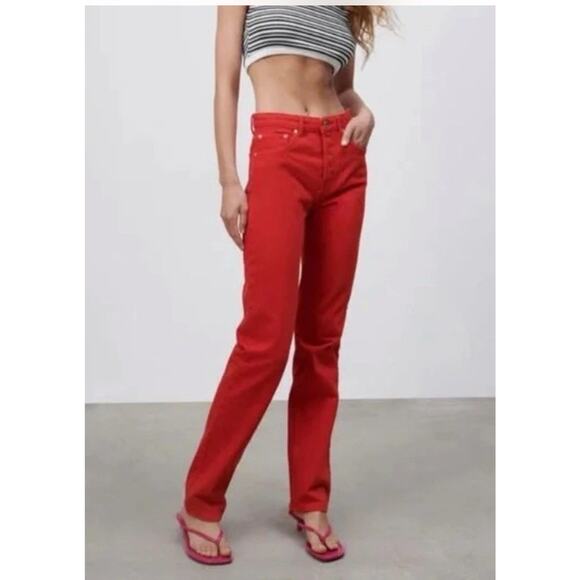 Zara Womens Button Fly Jeans Red Straight Leg High Waist Collection Size 8 - Picture 2 of 11